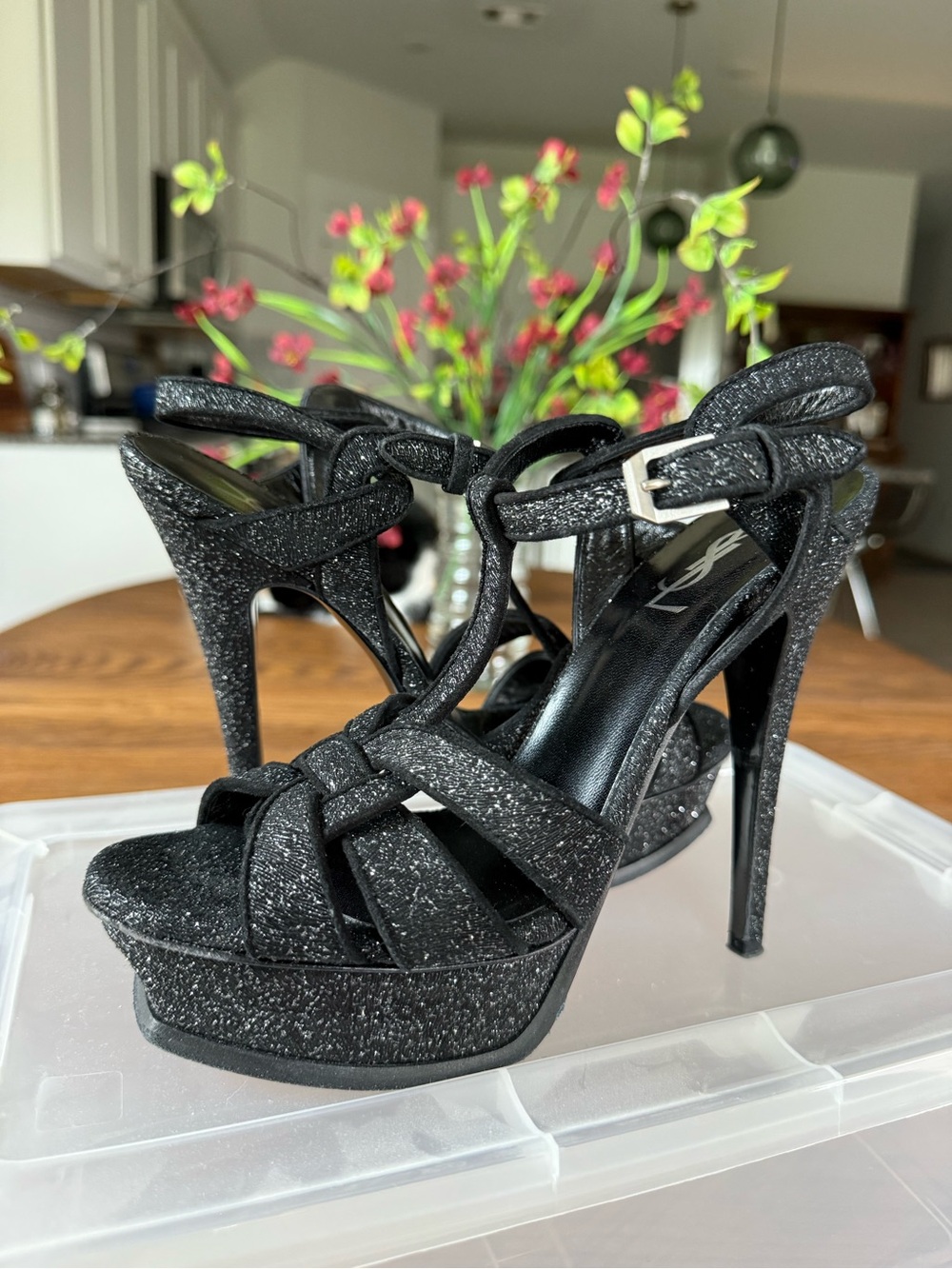 Yves Saint Laurent Black Glitter Tribute Platform Strappy Sandals